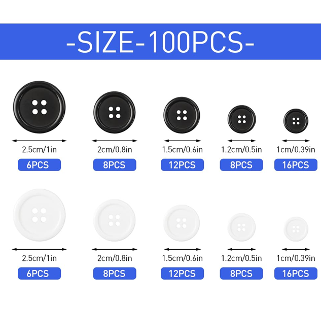 100Pcs Black & White Resin Sewing Buttons - 5 Sizes